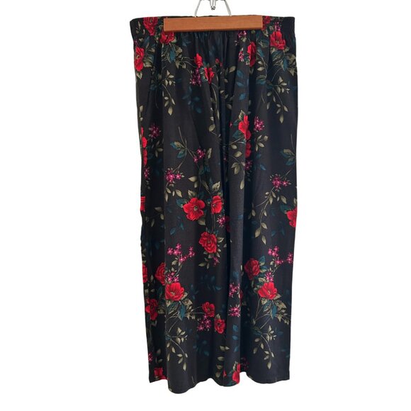 Vintage LT by Liz Thomas Rayon Floral Elastic Waist Black Red Maxi Skirt Large - Picture 9 of 11
